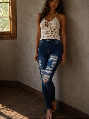 B.O.B Distressed Stretch High Waist Dark Wash Skinny Jean Size 5/6